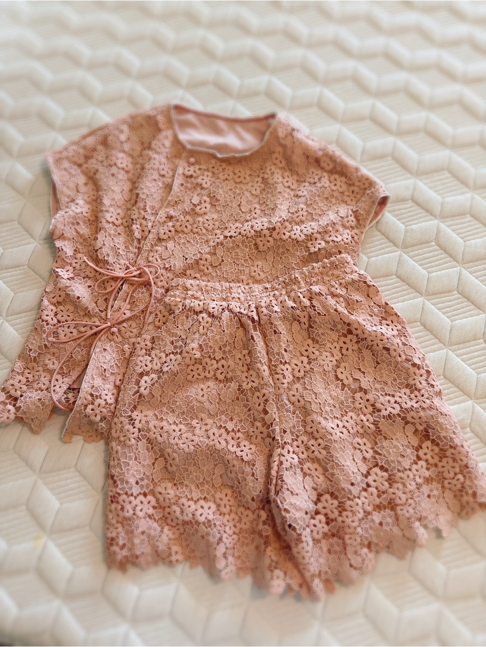 Pink Floral Lace Two-Piece Set – Top & Shorts